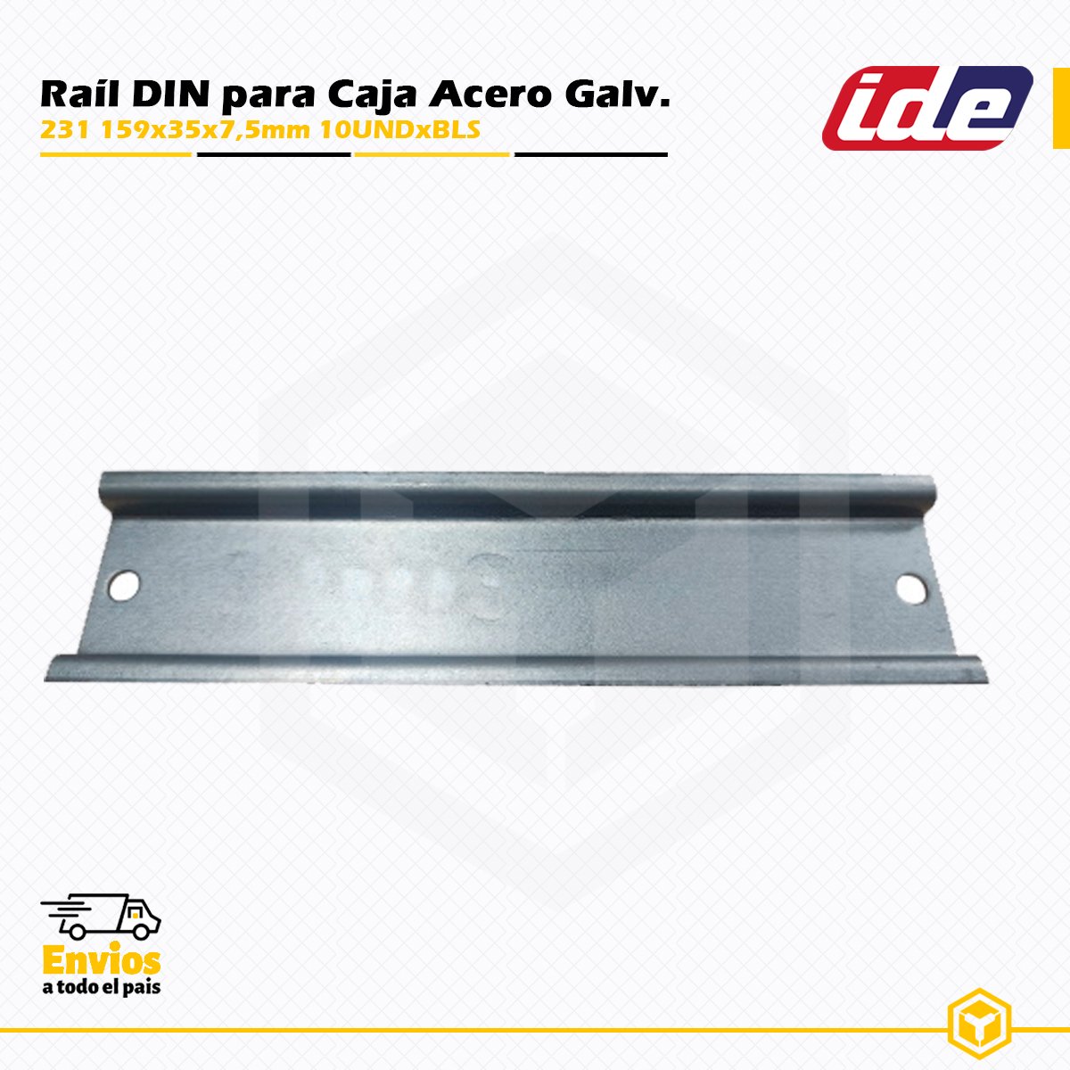 RAIL-DIN-PARA-CAJA-231 Raíl DIN IDE de acero galvanizado 159 mm, compatible con cajas estancas serie LIGHT tipo 231.