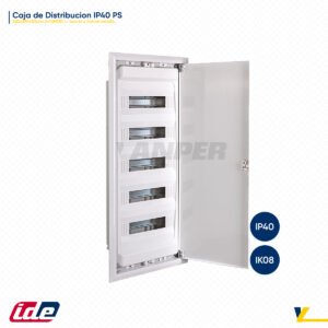 Caja de distribución IDE IP40 de 5×14 módulos con puerta metálica para instalación en superficie.