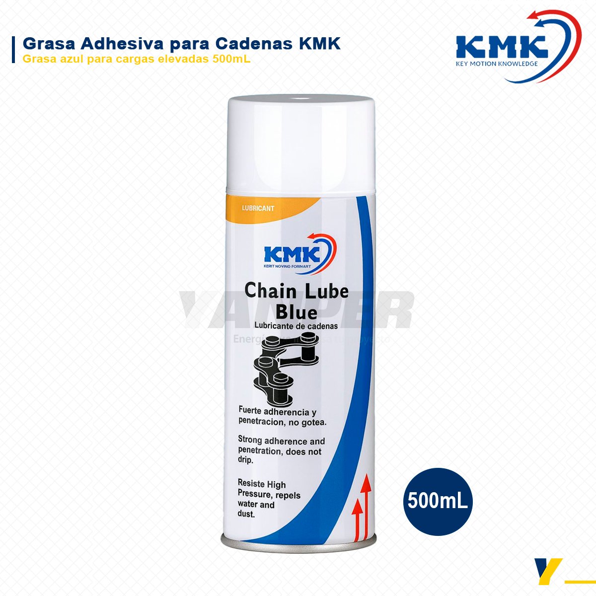 GRASA-ADHESIVA-PARA-CADENAS-500ML Grasa adhesiva azul KMK Chain Lube Blue en aerosol 500 mL para lubricación de cadenas industriales con alta adherencia y resistencia a cargas elevadas.