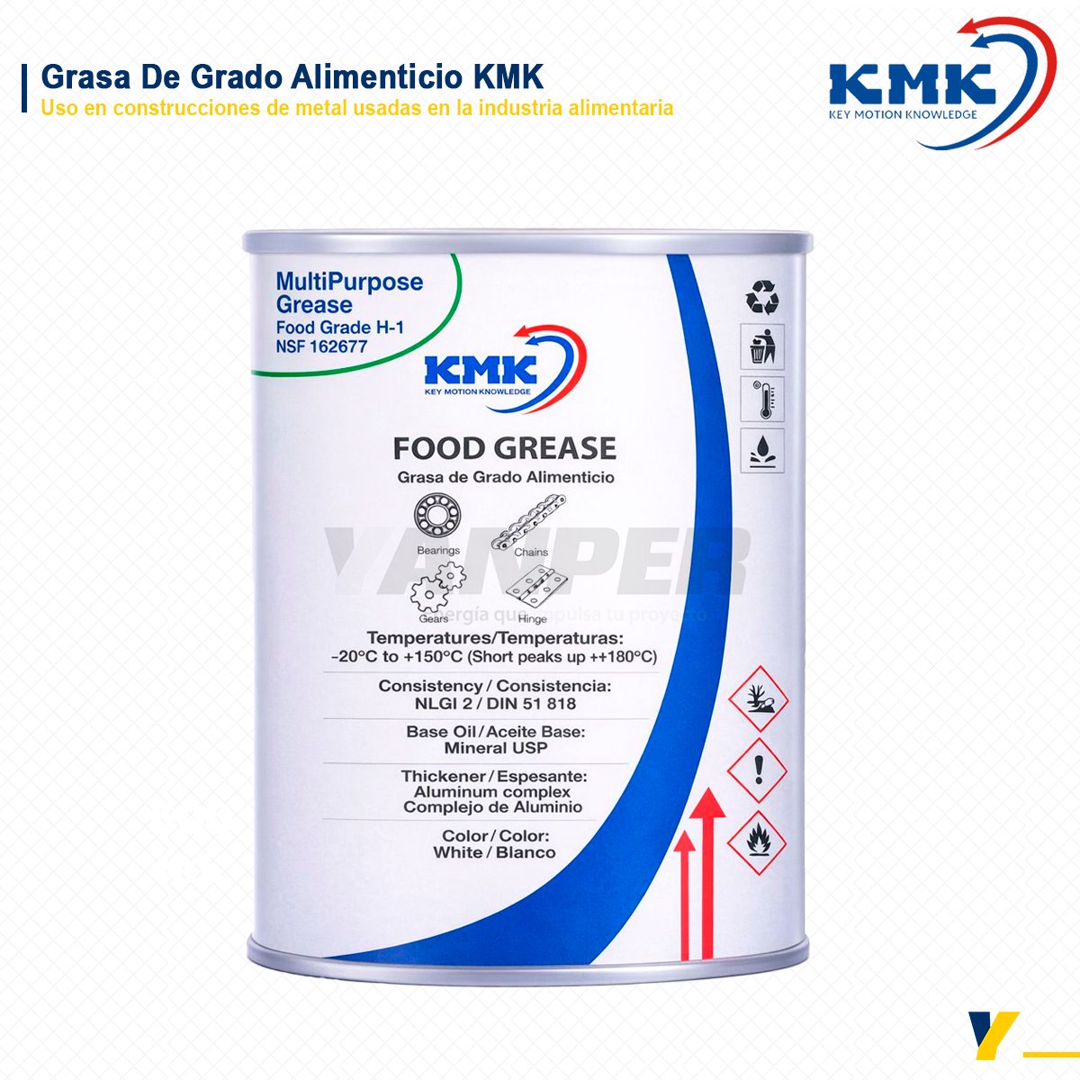 GRASA-DE-GRADO-ALIMENTICIO Grasa de grado alimenticio KMK Food Grease H1 en envase industrial, lubricante seguro para la industria alimentaria.
