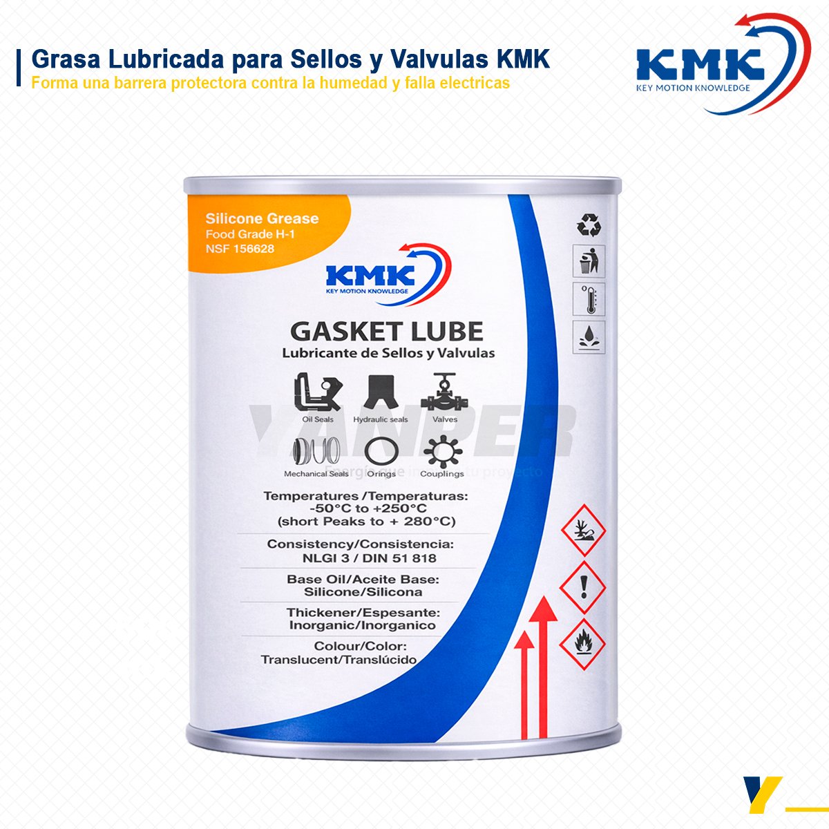 GRASA-LUBRICANTE-PARA-SELLOS Grasa KMK Gasket Grease para sellos y válvulas, lubricante siliconado de alto desempeño para aplicaciones industriales.
