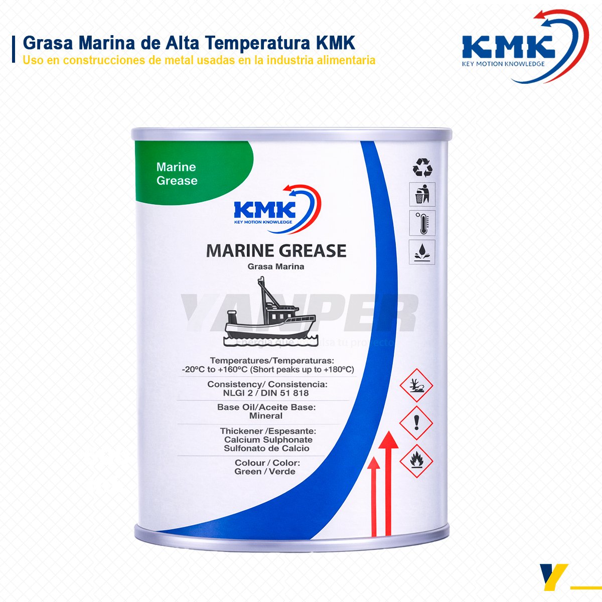 GRASA-MARINA Grasa marina de alta temperatura KMK Marine Grease en envase metálico para aplicaciones industriales y marítimas.