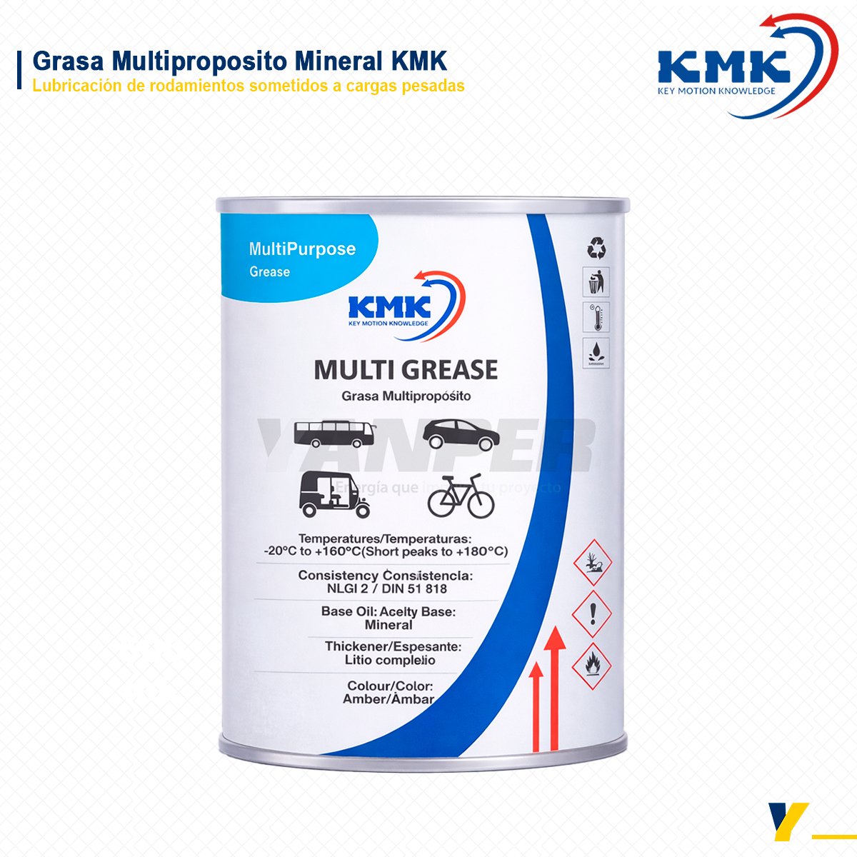 GRASA-MULTIPROPOSITO-MINERAL La KMK MULTI GREASE es una grasa multipropósito de base mineral formulada para brindar una lubricación eficiente y duradera en componentes mecánicos expuestos a condiciones exigentes de carga y temperatura. Su formulación con espesante de litio complejo permite una excelente estabilidad mecánica, buena adherencia y resistencia al desgaste. Este producto está especialmente indicado para aplicaciones industriales y automotrices donde se requiere una lubricación confiable en rodamientos, ejes, mecanismos móviles y componentes sometidos a esfuerzos continuos. Además, proporciona protección contra la fricción, la oxidación y el deterioro prematuro de las superficies metálicas. 5. Especificaciones técnicas Tipo de producto: Grasa multipropósito mineral Rango de temperatura de trabajo: -20 °C a +160 °C (Picos cortos hasta +180 °C) Consistencia: NLGI 2 Norma: DIN 51 818 Aceite base: Mineral Espesante: Litio complejo Color: Ámbar 6. Aplicaciones recomendadas Lubricación de rodamientos sometidos a cargas pesadas Sistemas mecánicos industriales Componentes automotrices Ejes, articulaciones y mecanismos móviles Equipos que operan bajo condiciones térmicas variables