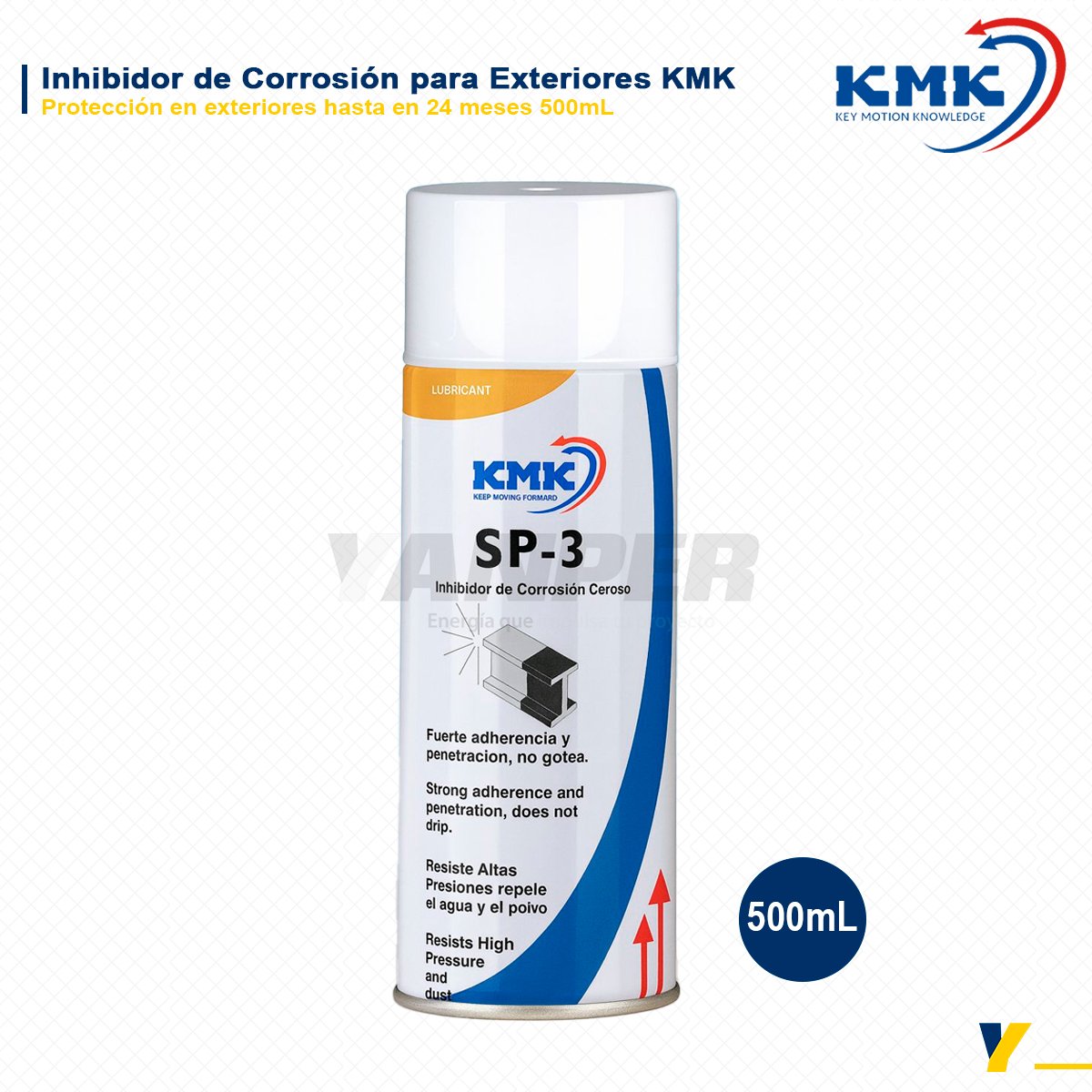 INHIBIDOR-DE-CORROSION-PARA-EXTERIORES-500ML Aerosol KMK SP-3 inhibidor de corrosión ceroso para exteriores, presentación 500 mL.