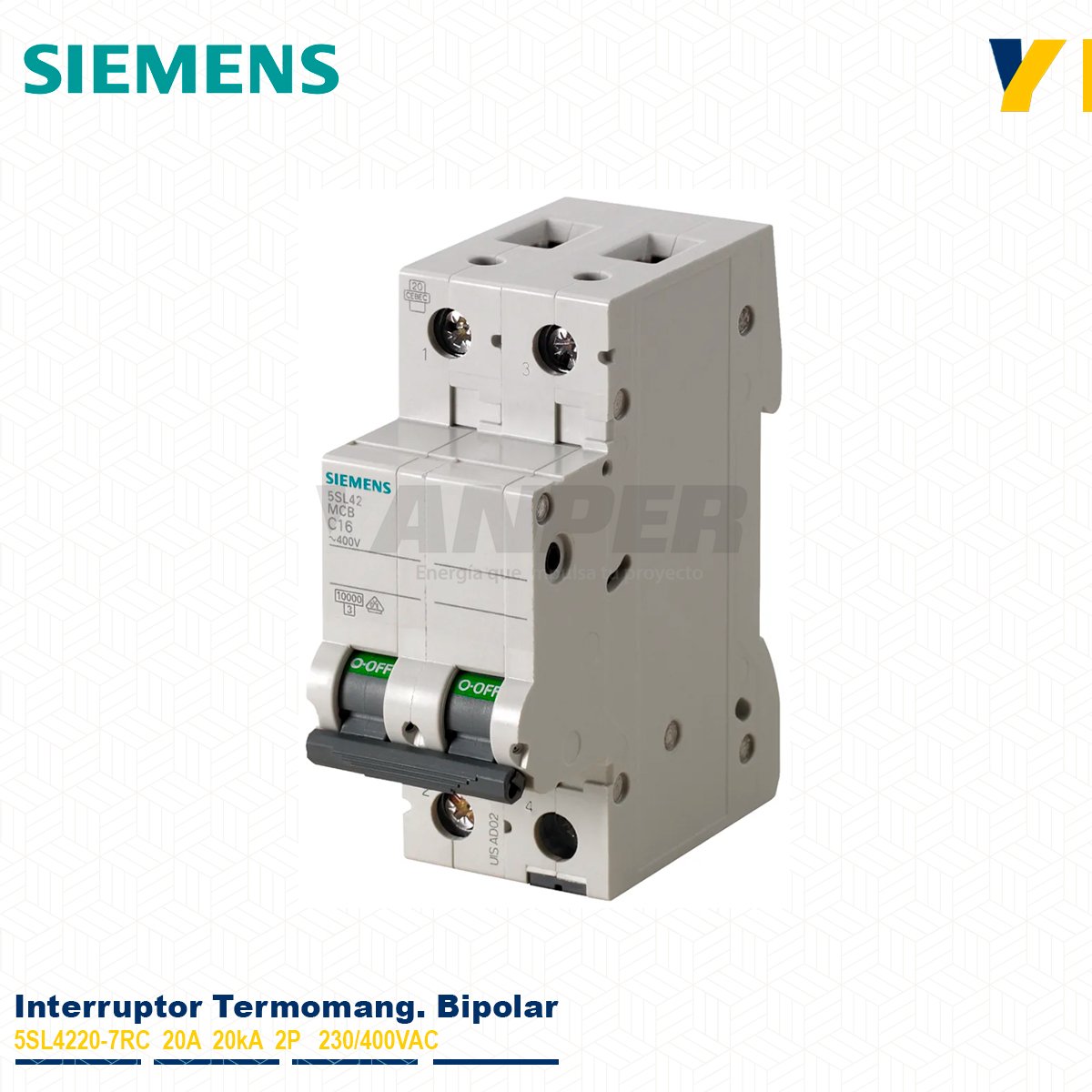 BIPOLAR-5SL4220-7RC Interruptor termomagnético Siemens 5SL4210-7RC 10A 2P 10kA Sentron para riel DIN.