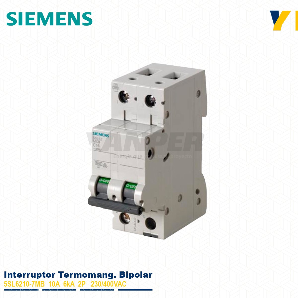 BIPOLAR-5SL6210-7MB Interruptor termomagnético Siemens 5SL6210-7MB 10A 2P 6kA Sentron para riel DIN.