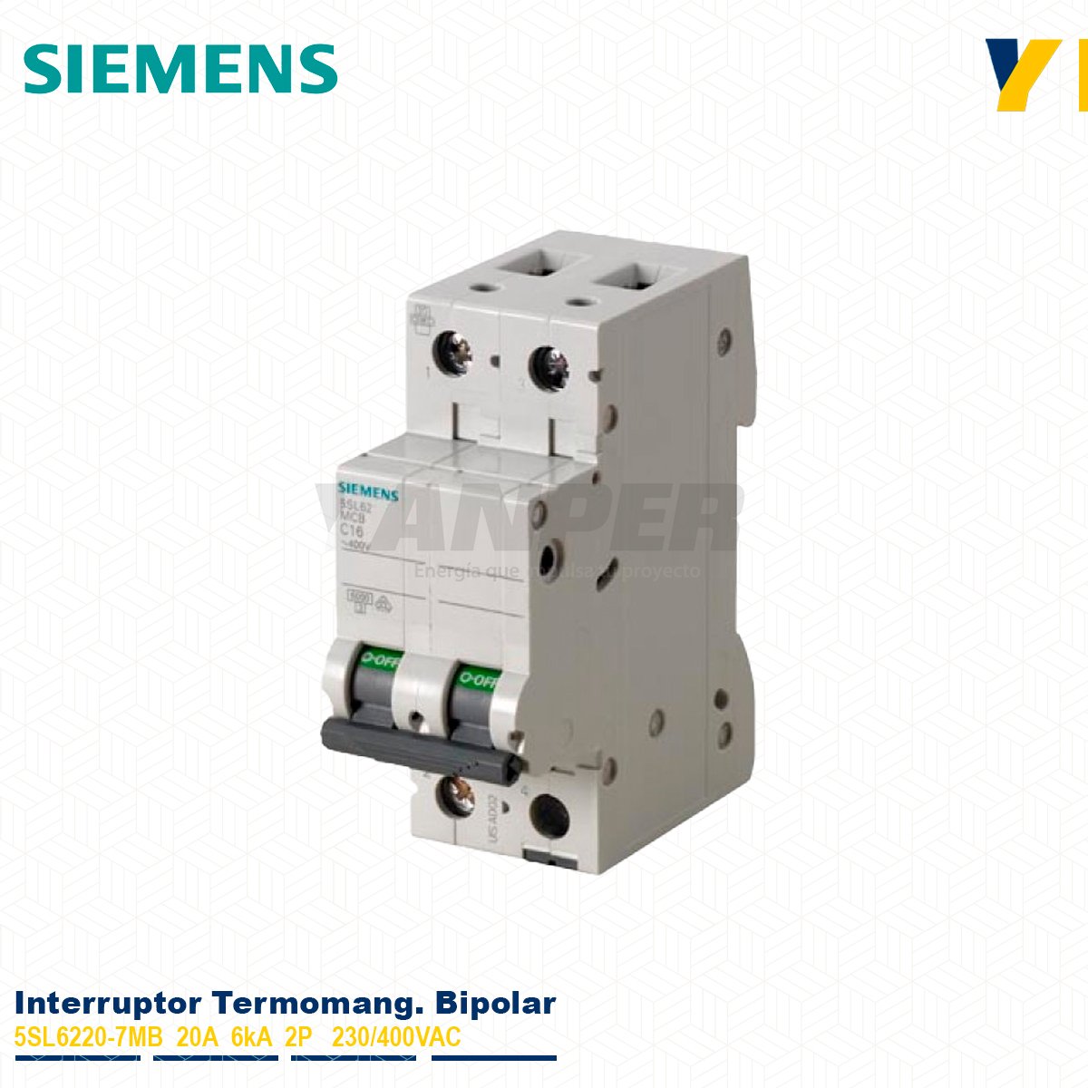 BIPOLAR-5SL6220-7MB Interruptor termomagnético Siemens 5SL6220-7MB 20A 2P 6kA Sentron para riel DIN.