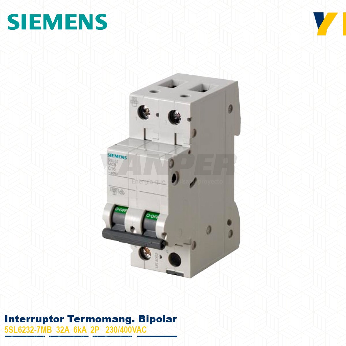 BIPOLAR-5SL6232-7MB Interruptor termomagnético Siemens 5SL6232-7MB 32A 2P 6kA Sentron para riel DIN.