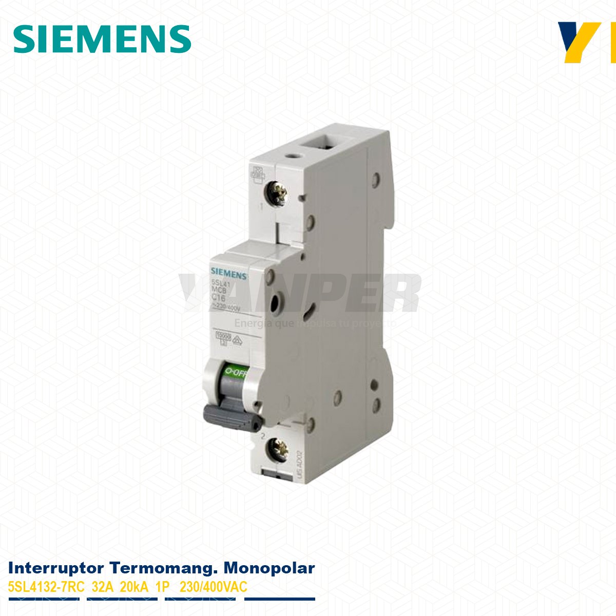 MONOPOLAR-5SL4132-7RC Interruptor termomagnético Siemens 5SL4132-7RC 32A 1P 10kA Sentron para riel DIN.