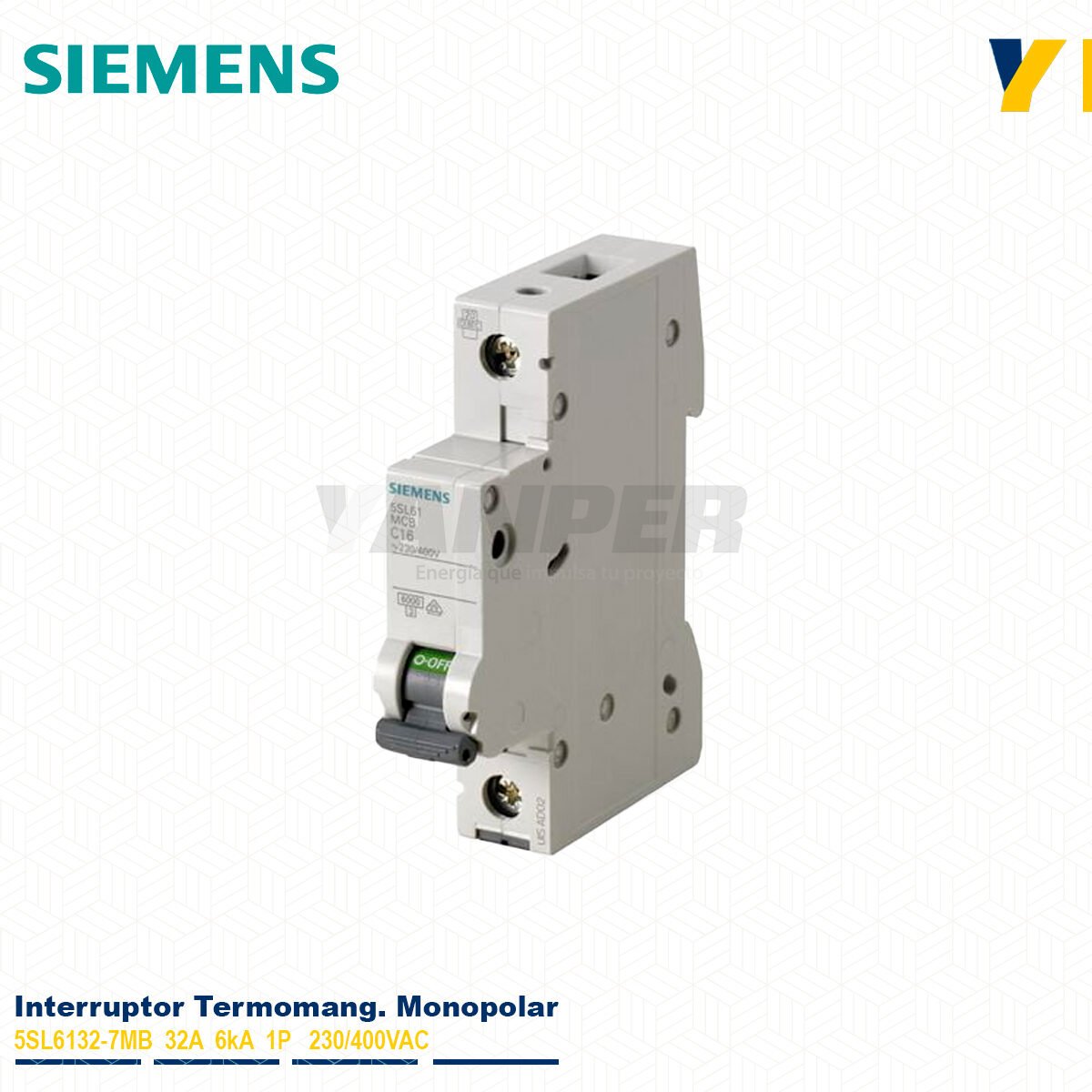 MONOPOLAR-5SL6132-7MB Interruptor termomagnético Siemens 5SL6132-7MB 32A 1P 6kA Sentron para riel DIN.