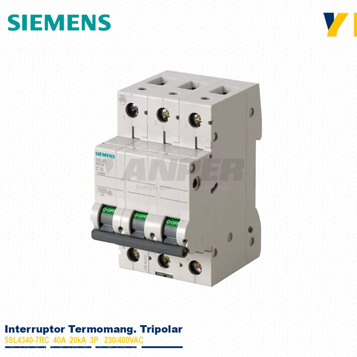 TRIPOLAR-5SL4340-7RC Interruptor termomagnético Siemens 5SL4340-7RC 40A 3P 10kA Sentron para riel DIN.