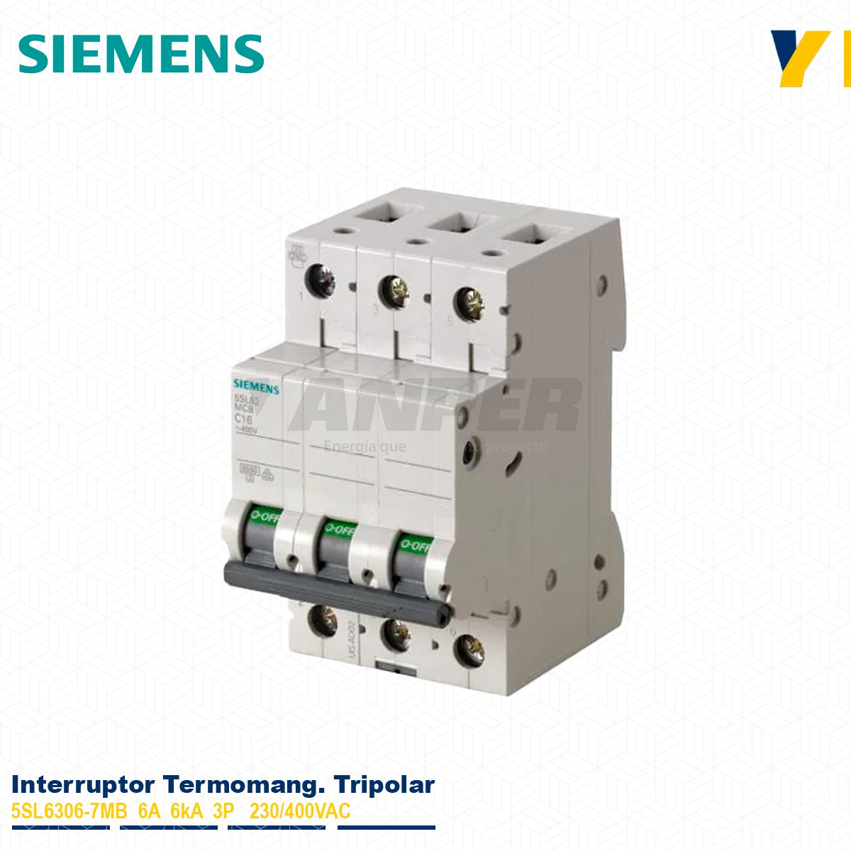 TRIPOLAR-5SL6306-7MB Interruptor termomagnético Siemens 5SL6306-7MB 6A 3P 6kA Sentron para riel DIN.