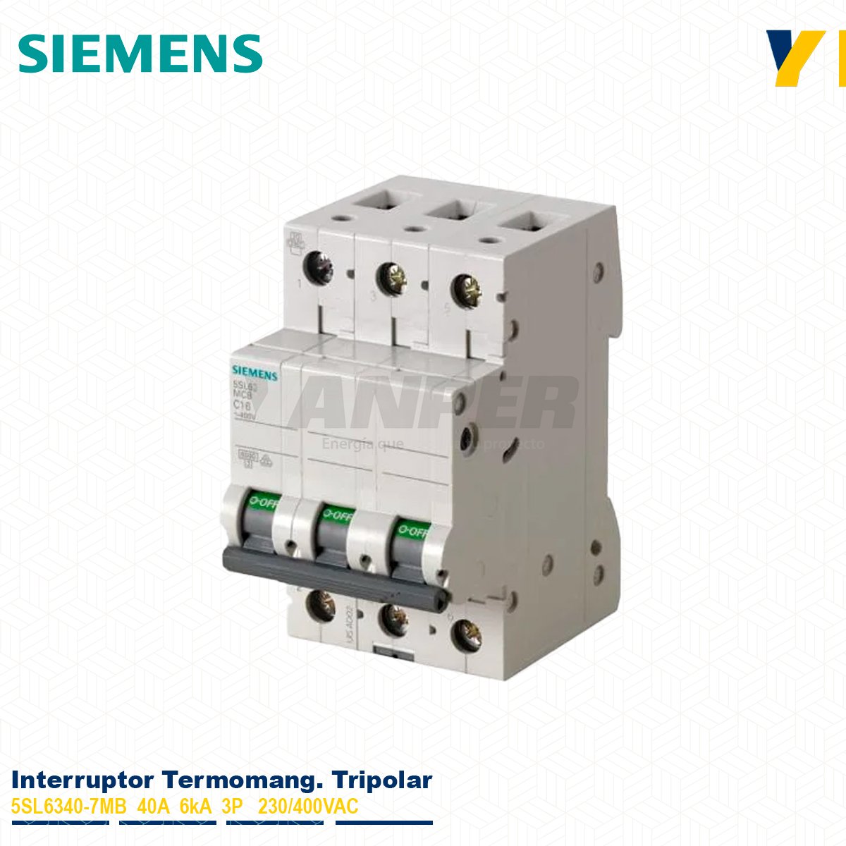 TRIPOLAR-5SL6340-7MB Interruptor termomagnético Siemens 5SL6340-7MB 40A 3P 6kA Sentron para riel DIN.