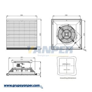 Ventilador PARA TABLERO modelo FJK6620PB230 de Jason Fan, de color negro, con rejilla protectora y aspas visibles, diseñado para ventilación industrial o electrónica.