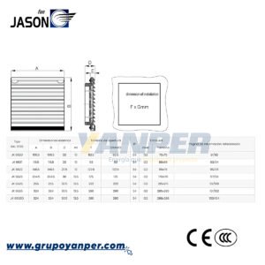 Rejilla de ventilación con filtro modelo JK6622 de Jason Fan, tamaño 148X148mm, color gris, diseñada para tableros eléctricos con protección IP54.