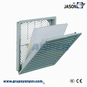 Rejilla de ventilación con filtro modelo JK6626 de Jason Fan,, color gris, diseñada para tableros eléctricos con protección IP54.