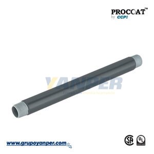 Tubo conduit de acero galvanizado con recubrimiento exterior de PVC color gris y acabado interior de uretano rojo, marca Procoat.