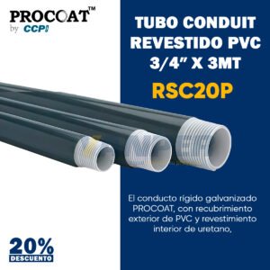 Tubo conduit de acero galvanizado con recubrimiento exterior de PVC color gris y acabado interior de uretano rojo, marca Procoat.