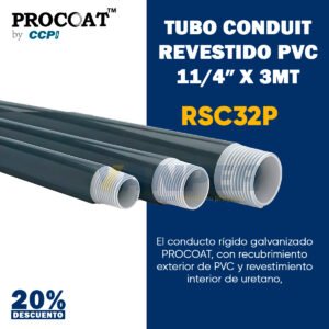 Tubo conduit de acero galvanizado con recubrimiento exterior de PVC color gris y acabado interior de uretano rojo, marca Procoat.