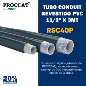 Tubo conduit de acero galvanizado con recubrimiento exterior de PVC color gris y acabado interior de uretano rojo, marca Procoat.