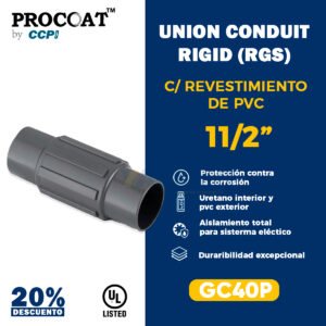 Unión conduit rígido RGS 1-1/2” Procoat GC40P con revestimiento PVC anticorrosivo para instalaciones eléctricas industriales.