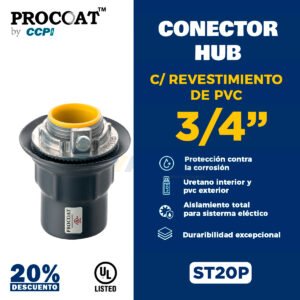 CONECTOR-HUB–CON-REVESTIMIENTO-PVC Conector Hub Procoat ST20P de alta resistencia para sistemas de tuberías y canalizaciones eléctricas.