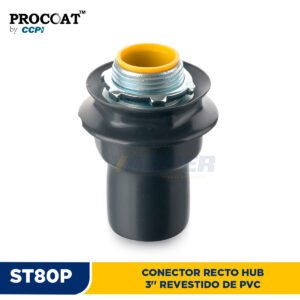 CONECTOR-HUB–CON-REVESTIMIENTO-PVC Conector hub PROCOAT ST80P de 3 pulgadas para tubería conduit industrial, con detalle de la rosca macho, empaque sellador y contra-tuerca.