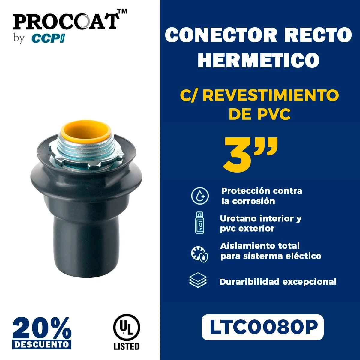 conector-hermetico-revestido---procoat Conector recto Liquid Tight de PVC gris PROCOAT LTC0080P de 3 pulgadas para tubería flexible de gran diámetro.