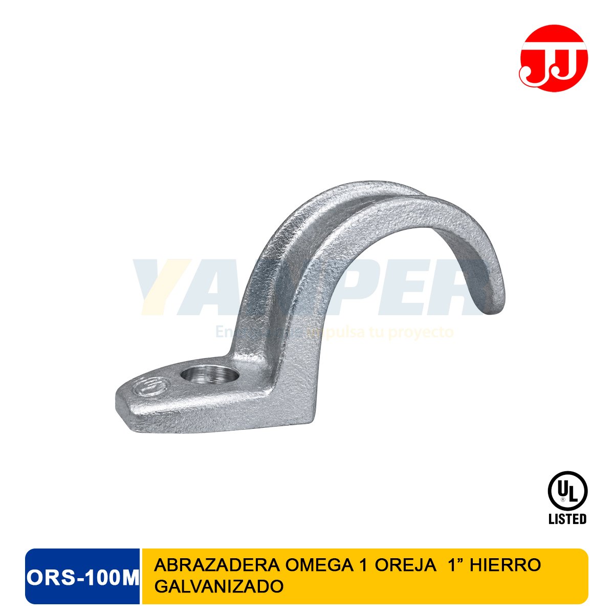 ABRAZADERA-OMEGA-1-OREJA-1 Abrazadera de una oreja para conduit marca JJ en hierro maleable galvanizado ORS.