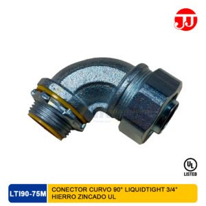 Conector curvo a 90 grados Liquidtight marca JJ en hierro maleable zincado LTI90.