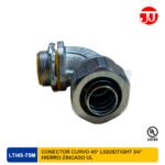 Conector curvo a 45 grados Liquidtight marca JJ en hierro maleable zincado LTI45.